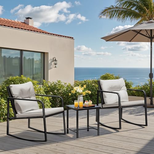 Greesum 3-Piece Beige Rocking Wicker Bistro Set for Patio Outdoor Furniture