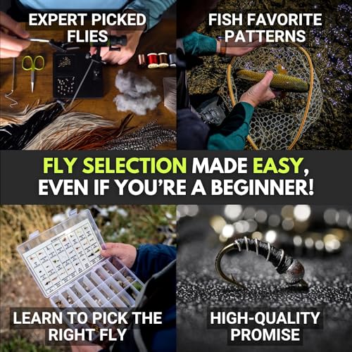 Fly Fishing Flies Assortment Kit with Fly Box - 15 Patterns for Trout & Bass
