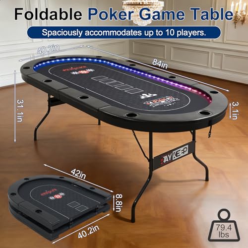 84-Inch Foldable LED Poker Table for 10 Players - Black-Led Variation