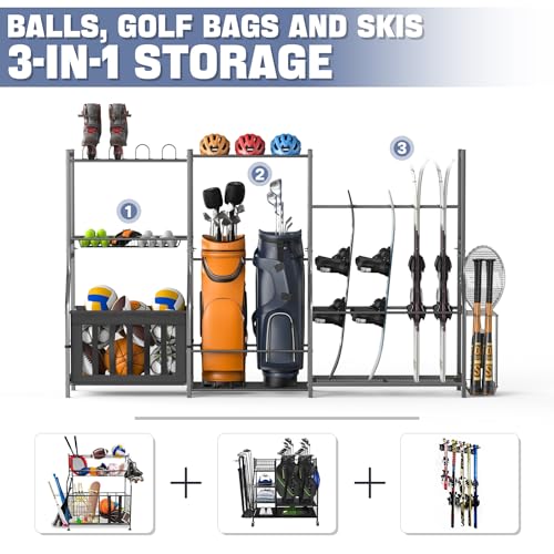 WALMANN Garage Sports Equipment Organizer Stand with Ski & Snowboard Storage