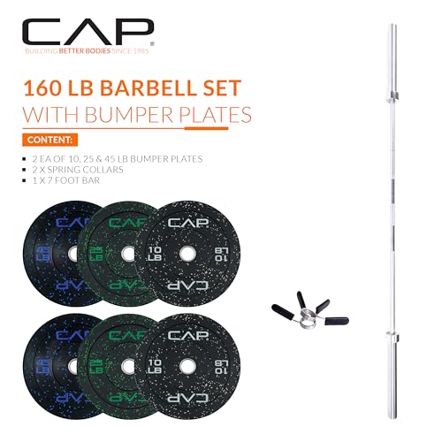CAP Barbell Olympic Weight Set with 7ft Bar & Speckled Bumper Plates - 160 lb Economy Version