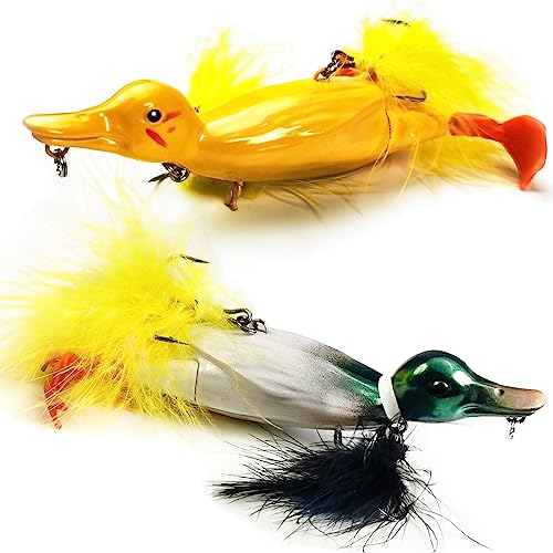 2 Pcs Baby Duck Fishing Lures - Topwater Bass, Pike & Walleye Baits - Yellow & Green