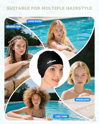 Firesara Black Swim Cap with Ear Protection and Nose Clip - Ergonomic Silicone Design for Women Kids Men
