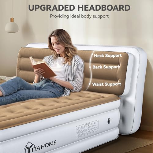 Queen Size Air Mattress with Pump & Banded Headboard - White & Brown, 18in Luxury Flocked Top, Inflatable Bed for Home & Guests