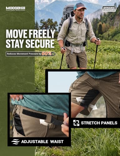 Men's Hiking Cargo Shorts 36 Khaki - Quick Dry, 9 Pockets, Self-Storing