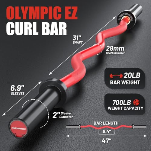47-Inch Solid Steel Olympic Curl Bar - 700LB Capacity, Red & Black