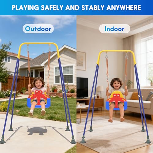 HAPPYMATY 3-in-1 Toddler Swing Set Blue Yellow - Indoor/Outdoor Baby Swing with Safety Belt & Sturdy Metal Stand