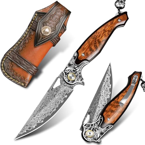 Damascus Steel Folding Pocket Knife with Leather Sheath - Outdoor EDC Tool