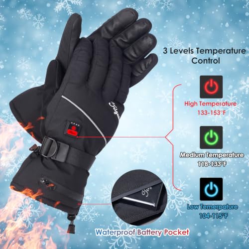Heated Gloves for Women Men Black Large Rechargeable Waterproof Touchscreen Ski Gloves