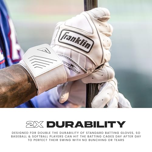 Franklin Sports MLB Batting Gloves Adult Medium White/Gold - Powerstrap Long Cuff, Durable Leather, Breathable for Baseball & Softball