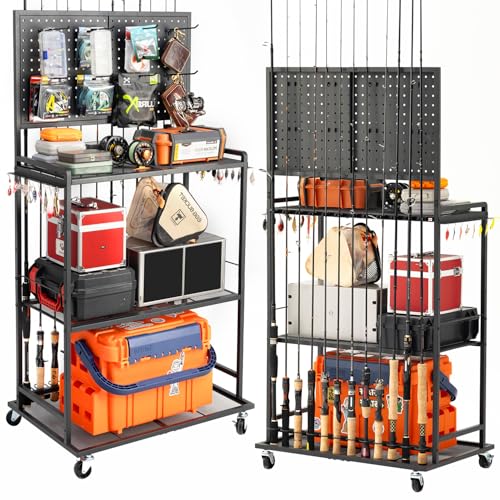 Black 3-Side Fence Fishing Rod Holder Rack for Garage, Up to 12 Rods, Hooks & Wheels, SOYEEZE