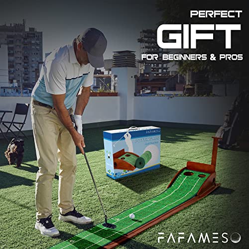 FAFAMESO Dual Hole Indoor Golf Putting Mat with Ball Return, 9.8ft Practice Green for Home & Office