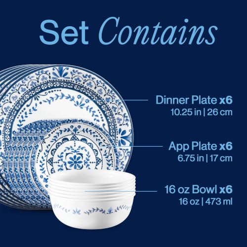 Corelle Anders Seaside Blue 18-Piece Dinnerware Set for 6 - Triple Layer Glass, Chip Resistant