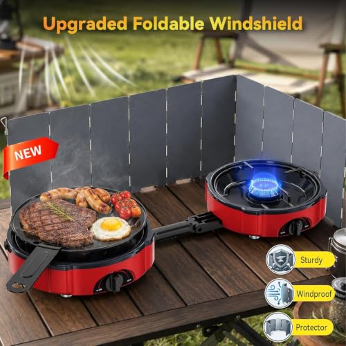 VELUVIA Light Red 2 Burner Propane Camping Stove with Windshield & Carry Bag