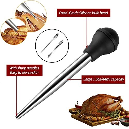 Black Stainless Steel Turkey Baster Syringe Set with 2 Marinade Needles - Food Grade