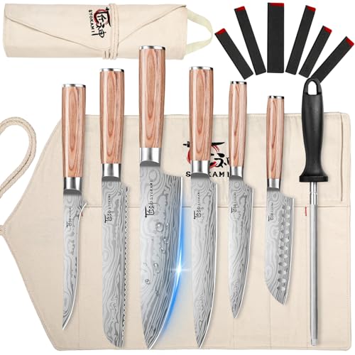 SYOKAMI 14-Piece Chef Knife Set with Pakkawood Handles & Travel Roll Bag - Beige