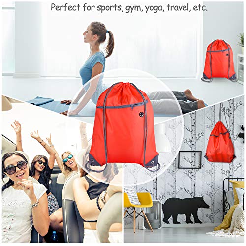 Red Drawstring Backpack Bags 12 Pack with Zipper & Headphone Hole - Durable Polyester
