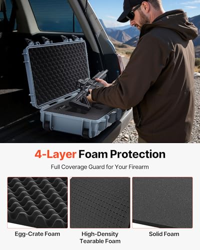 36 Inch VEVOR Waterproof Hard Rifle Case with Wheels, 4-Layer Foam, Lockable, Grey
