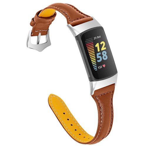 FitTurn [2 pack Compatible with Fitbit Charge 5 Bands Leather Narrow Luxury Genuine Leather Replacement Sport Wrist Strap Bracelet Men Women Band Accessories (Black+Brown)