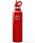 IRON °FLASK Camping & Hiking Hydration Flask with Straw, Narrow Mouth Insulated Stainless Steel Sports Water Bottle - Fire Red 24 oz - Straw (1 Lid)