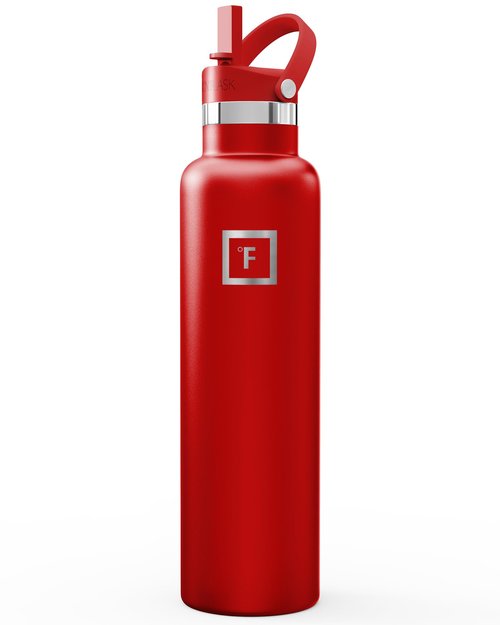 IRON °FLASK Camping & Hiking Hydration Flask with Straw, Narrow Mouth Insulated Stainless Steel Sports Water Bottle - Fire Red 24 oz - Straw (1 Lid)