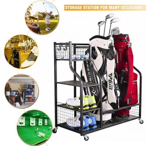 Golf Bag Garage Storage Organizer for 2 Bags - Black, Heavy Duty Metal Rack with Shelves & Hooks