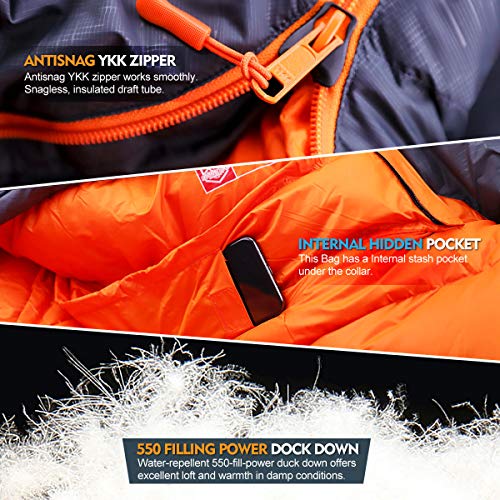 ZOOOBELIVES 10°C Down Sleeping Bag for Adults, Gray R Side Zipper, 4-Season Warm Mummy Bag