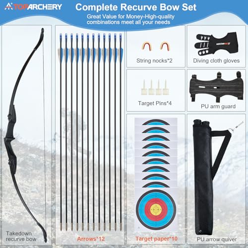 TOPARCHERY 30LBS Recurve Bow and Arrow Set for Adults & Youth - Takedown with 12 Arrows, Accessories