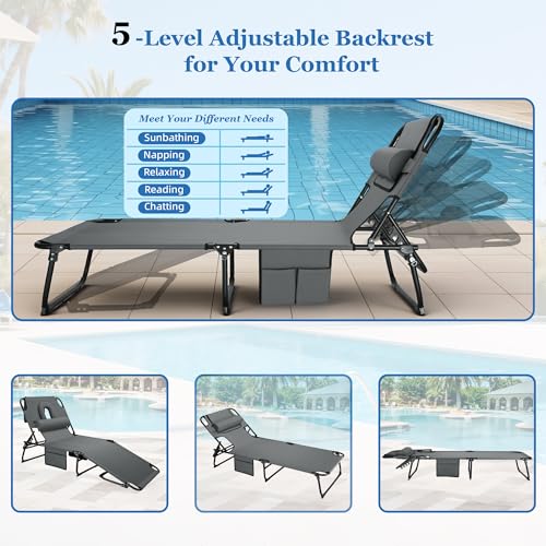 Grey 3-in-1 Outdoor Folding Sun Tanning Lounge Chair with Adjustable Backrest & Face Openings - Pool & Beach