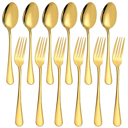 Gold Plated Stainless Steel Dinner Forks and Spoons Set - 12 Pieces