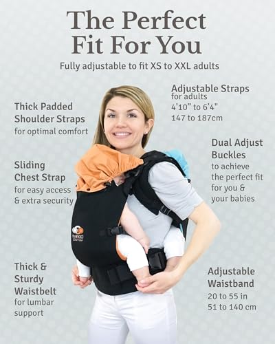 Twin Baby Carrier for 2 Kids – Adjustable Front & Back Twin Carrier, Supports 9.9–45 lb, Includes Sleep Hoods & Seat Belt – Classic Black
