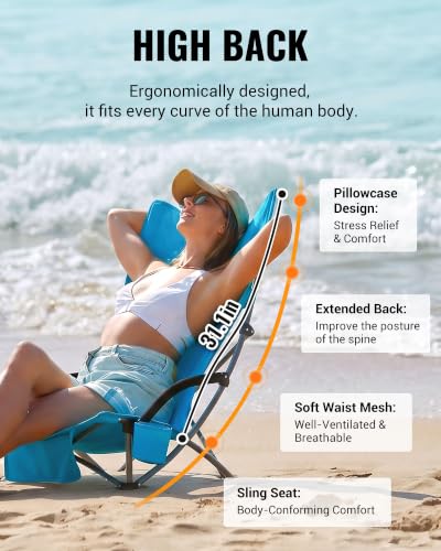 KingCamp Ergobreeze H Blue Wide Low Folding Beach Chair for Adults