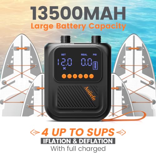 Aoiiefe Black Portable Rechargeable Electric SUP Pump with Auto-Off & Dual Stage Inflation