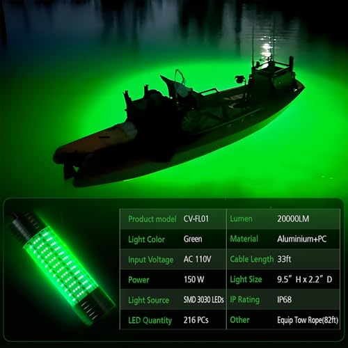 CexnVerny 150W 20000LM Underwater Green Fishing Light for Docks, Boats & Kayaks