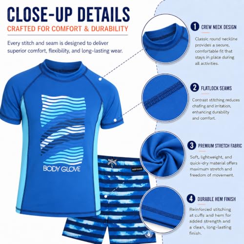Body Glove Boys 2-Piece Swim Set Rash Guard & Trunks - Blue Waves, Size 4-12