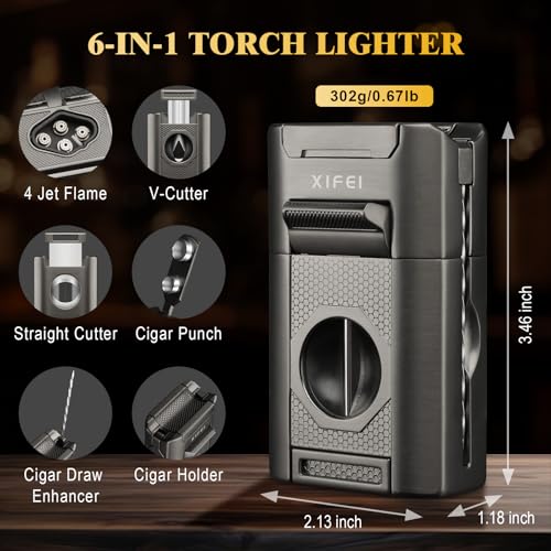 XIFEI 6-in-1 Cigar Lighter with Straight & V-Cut Cutter, Dual Punch & Stand - Gray