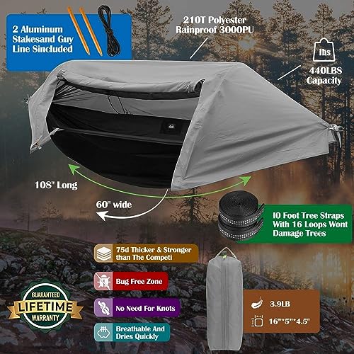 WintMing Grey 3-in-1 Camping Hammock Tent with Mosquito Net & Rain Fly Cover, 440lbs Load