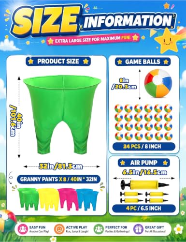 Outdoor Granny Pants Yard Game Set - 8 Color Variations with Balls & Pumps, Backyard Fun