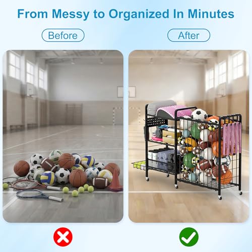DUDUXI Deep Black Garage Sports Equipment Organizer with Wheels - Multi-Tier Ball Storage Rack with Hooks & Baskets