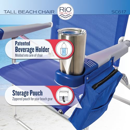 2-Pack Extended-Height Beach Chairs with Recline & Storage - Blue