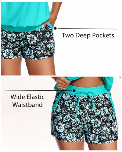 Women’s Blouson Tankini Swimsuit with Shorts - Large Aqua & Floral 2PC Tummy Control Bathing Suit