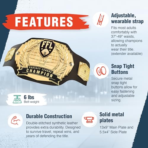Gold Fantasy Football Championship Belt - Perpetual 12-Year Trophy Belt with Customizable Plates
