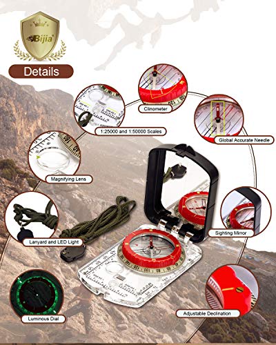 Orienteering Map Compass with Sighting Mirror, LED Light & Declination Adjustment