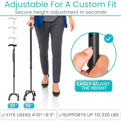 Vive Ultra-Lightweight Carbon Fiber Quad Cane with Reversible Base, Adjustable Height, Black