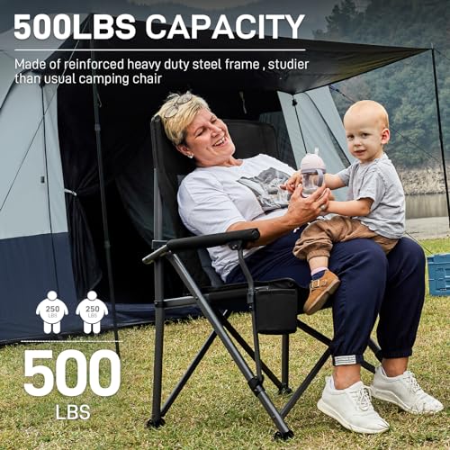 EVER ADVANCED Oversized Folding Camping Chair - Heavy Duty Outdoor Lawn Chair with Side Pockets - Black