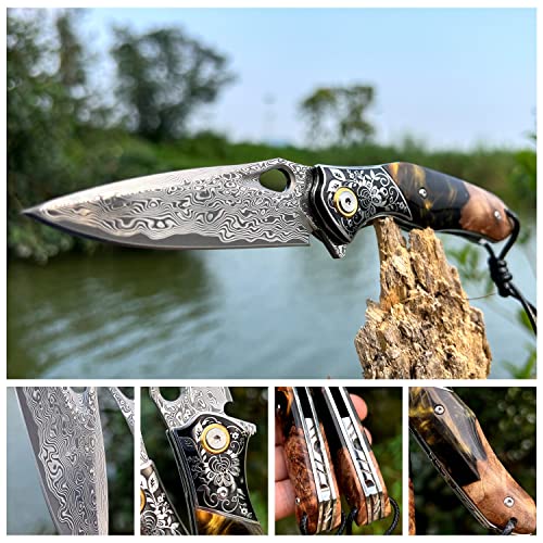 Handmade Damascus Steel Folding Knife with Maple Handle & Holster – EDC Outdoor Survival Blade