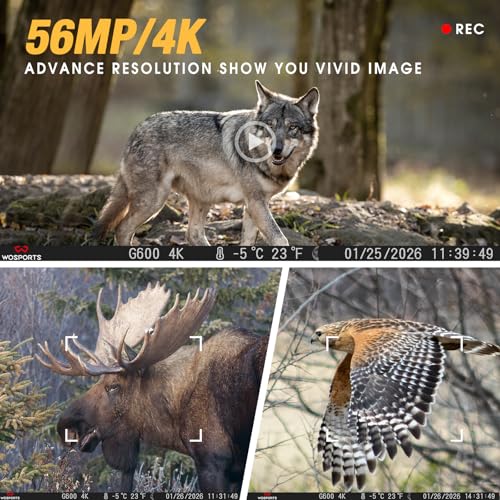 WOSPORTS Dark Green 56MP 4K Trail Camera - Rechargeable, No Glow Night Vision, 120° Wide Lens, 2-Pack