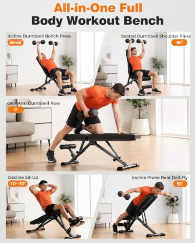 AIRHOP Foldable Adjustable Workout Bench for Home Gym, 90° to -30°