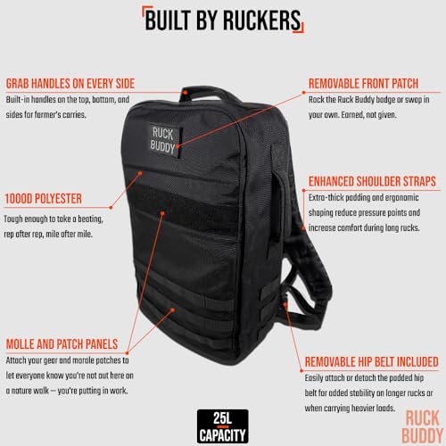 RuckBuddy 25L Weighted Rucking Backpack with Removable Hip Belt & Plate Pockets