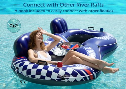 Blue Inflatable River Tube Float for 2 Adults with Removable Cooler & Cup Holders - Heavy Duty Pool Lounger